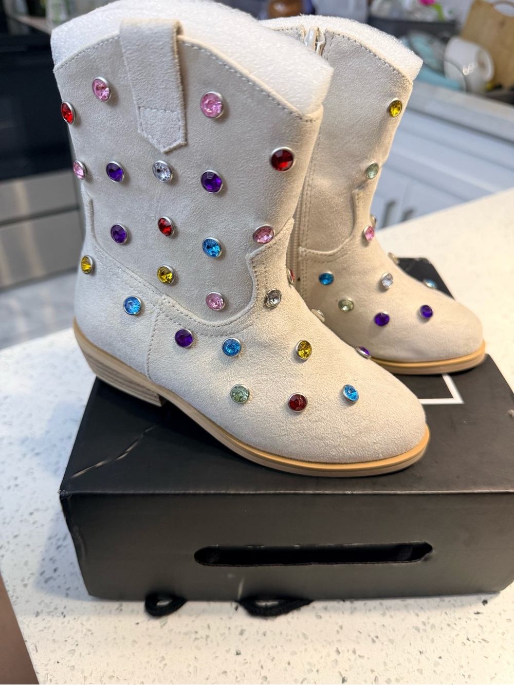 Beige Suede Kids' Western Boots with Multicolor Gem Studs